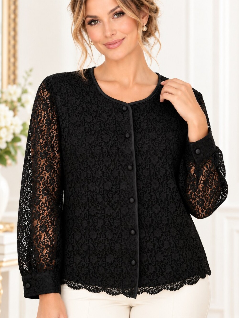 Yves St. Claire 2 | Romantic Black Lace Button Front Blouse Plus Size | Size 16W